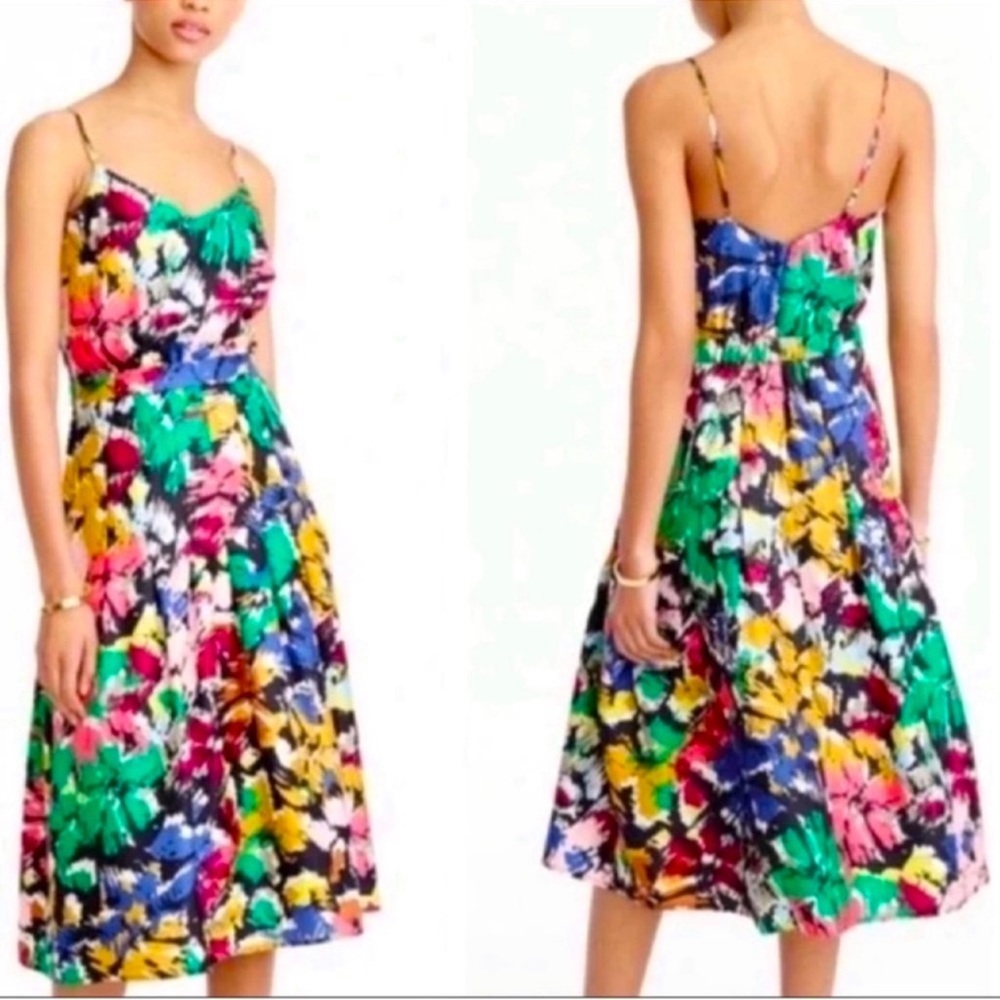 J. Crew Multicolor Floral Midi Dress - Green, Yellow, Blue, Pink